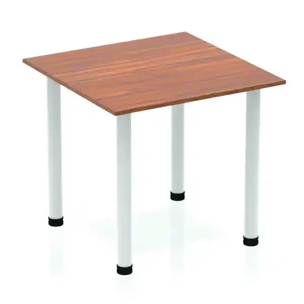 Square office table with a walnut wood-effect top and four white cylindrical metal legs.